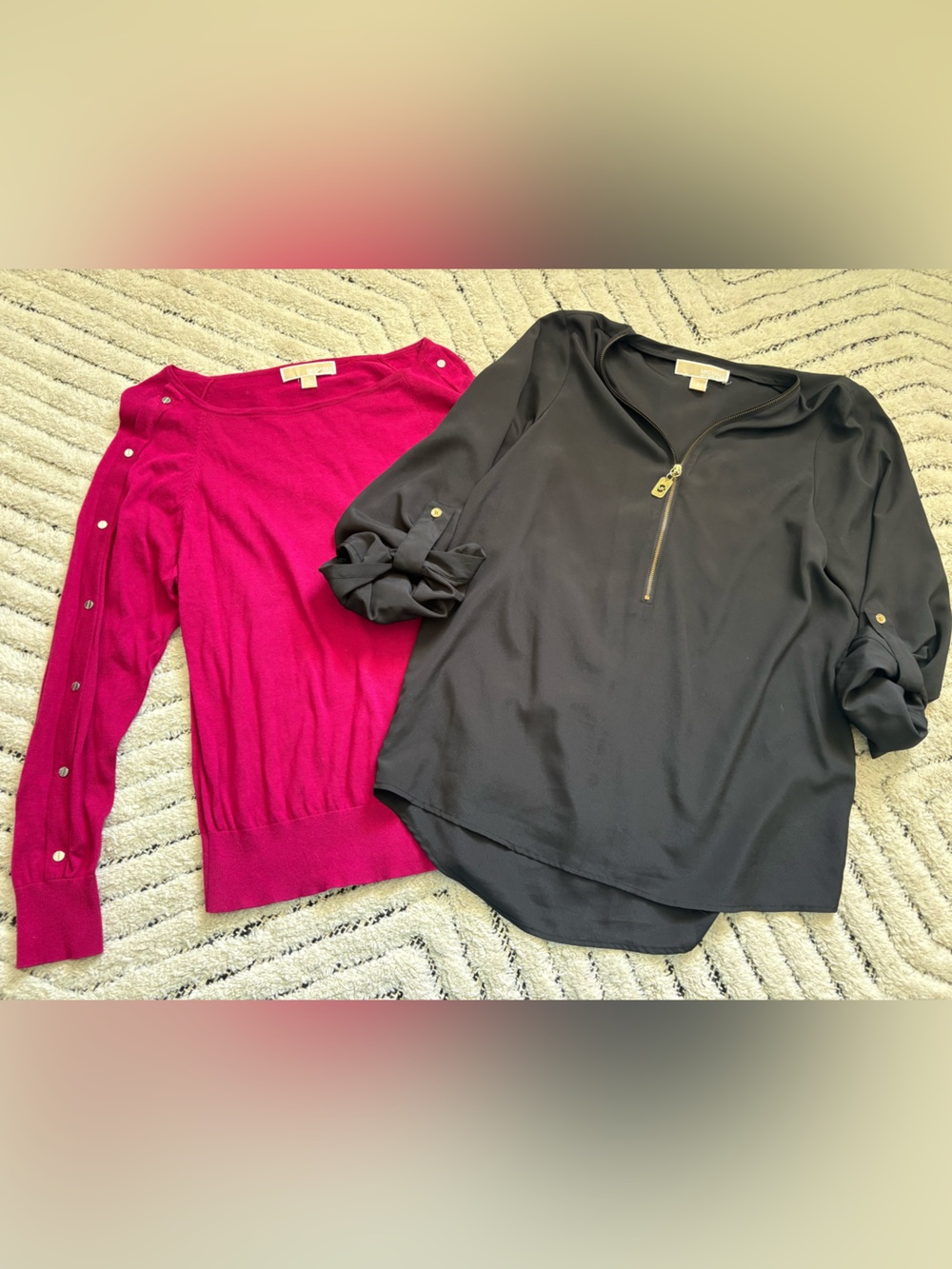 Michael Kors Fuchsia Hot Pink Sweater and Black Zip-Front Blouse Set S